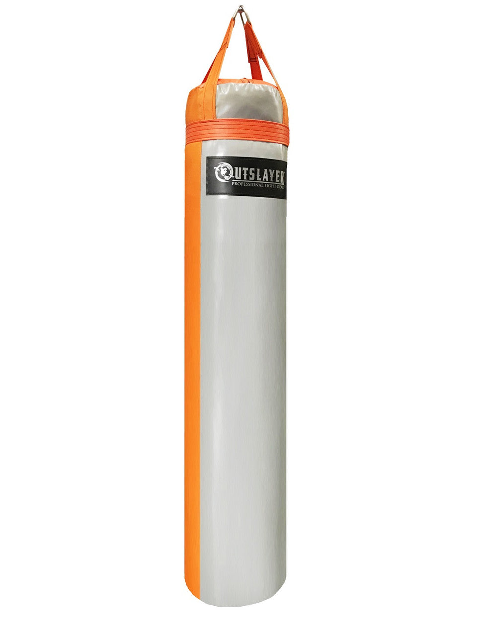 A Quicslayer hanging heavy bag with a white body, orange side panel, and orange hanging straps, shown against a plain white background.