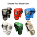 Six pairs of boxing gloves in different colors are displayed on a white background under the heading 'Choose Your Glove Color'. The colors shown are black and white, red and black, blue and black, white and black, green and black, and beige and black.
