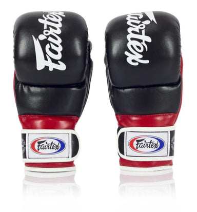 A pair of Fairtex FGV18 Super Sparring Grappling MMA Gloves in black with red accents, featuring the Fairtex logo on the cuffs.