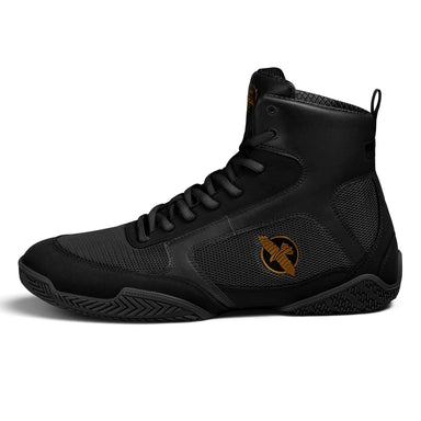 Black Hayabusa Pro boxing shoe with gold logo