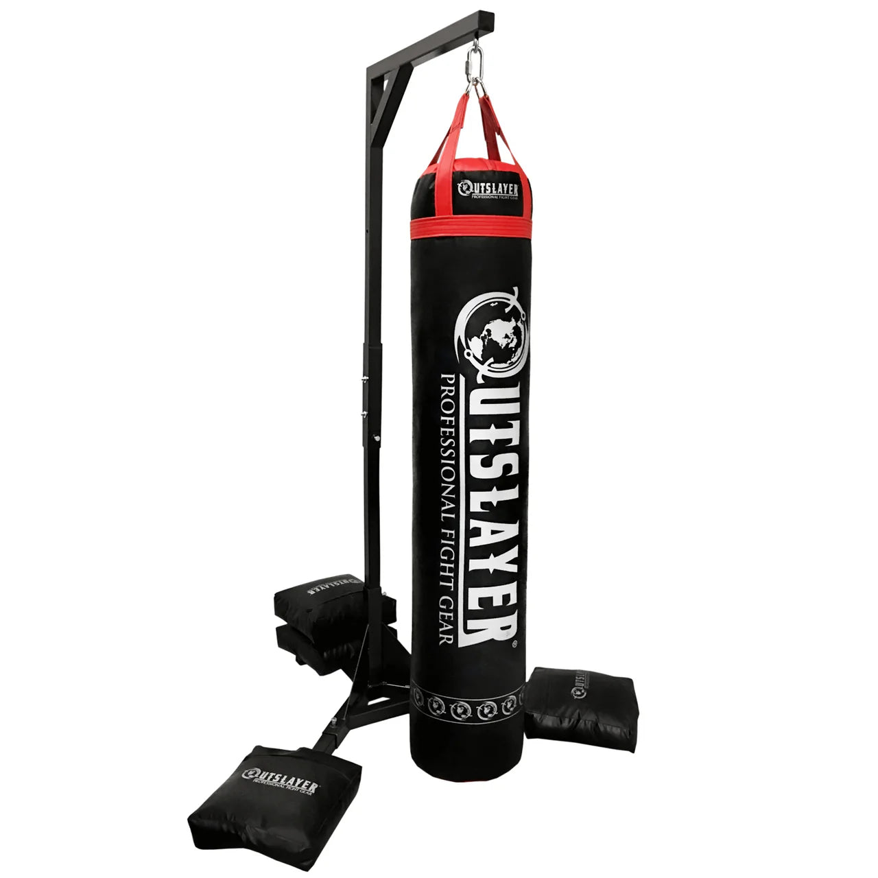Black punching bag with red top and 'Outslayer' branding on a white background