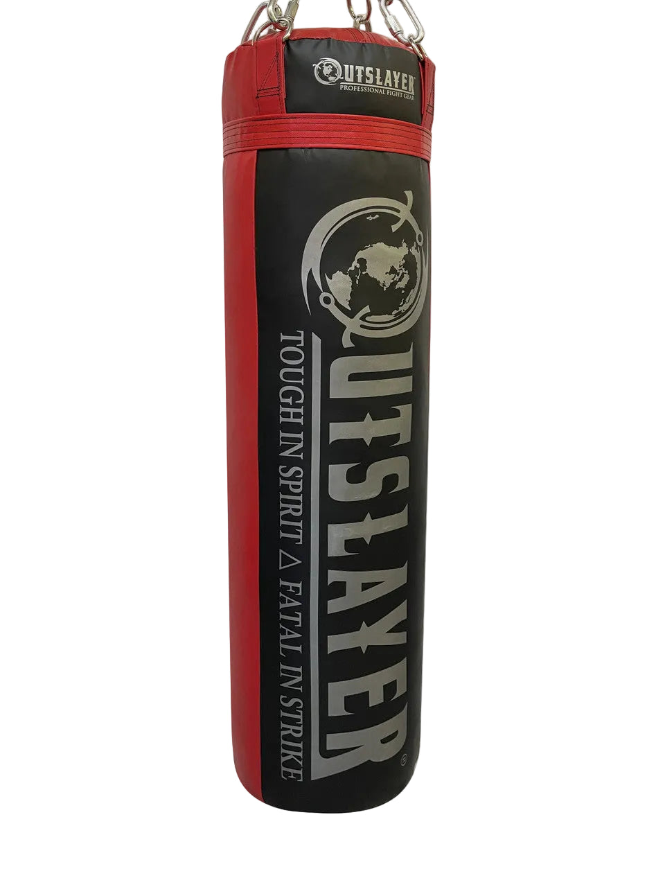 Black and red punching bag with 'Outslayer' branding on a white background