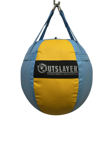 Blue and yellow punching bag with 'Outslayer' branding on a white background