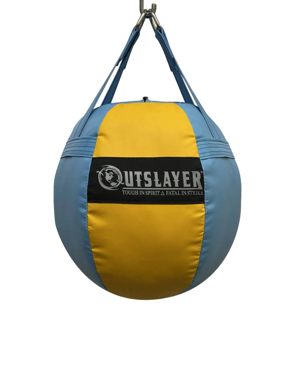 Blue and yellow punching bag with 'Outslayer' branding on a white background
