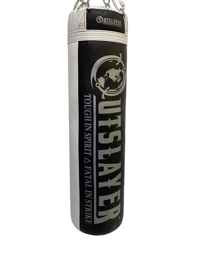 Black and white punching bag with 'Outslayer' branding on a white background