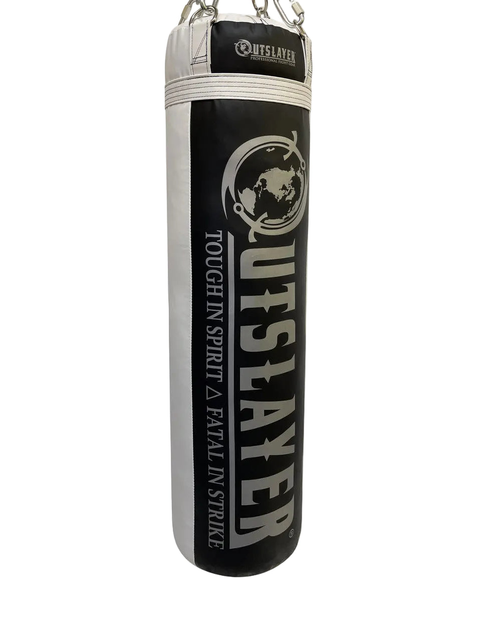 Black and white punching bag with 'Outslayer' branding on a white background
