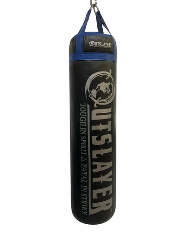 Black and blue punching bag with 'Outslayer' branding on a white background
