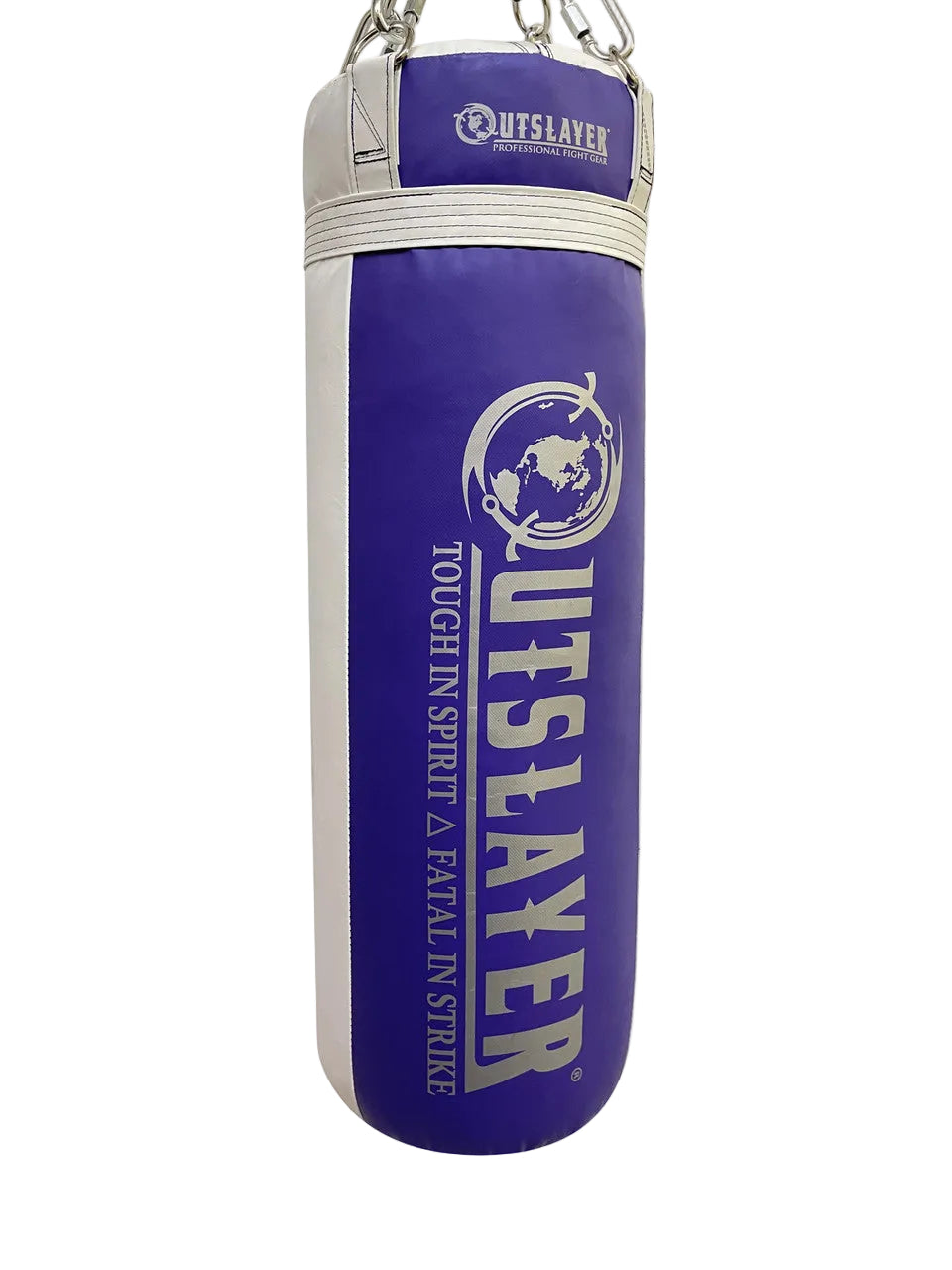 Purple punching bag with 'Outslayer' branding on a white background
