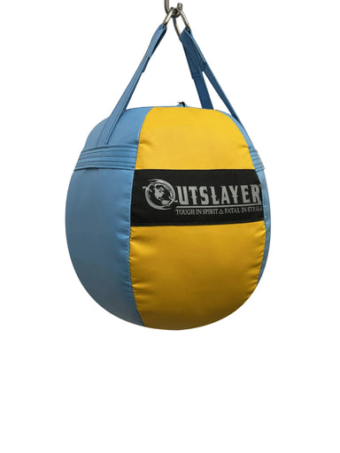 Blue and yellow punching bag with 'Outslayer' branding on a white background