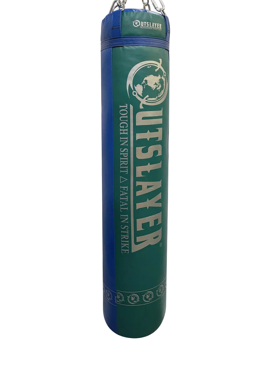 Green and blue punching bag with 'Outslayer' branding on a white background