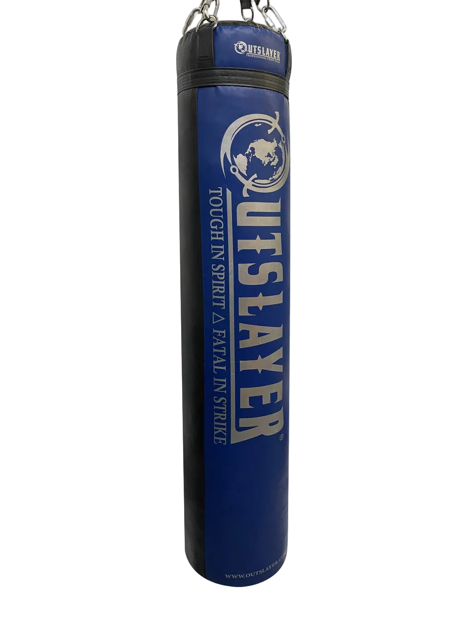 Blue and black punching bag with 'Outsayer' branding on a white background