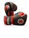 Black and red boxing gloves with a brand logo on a white background