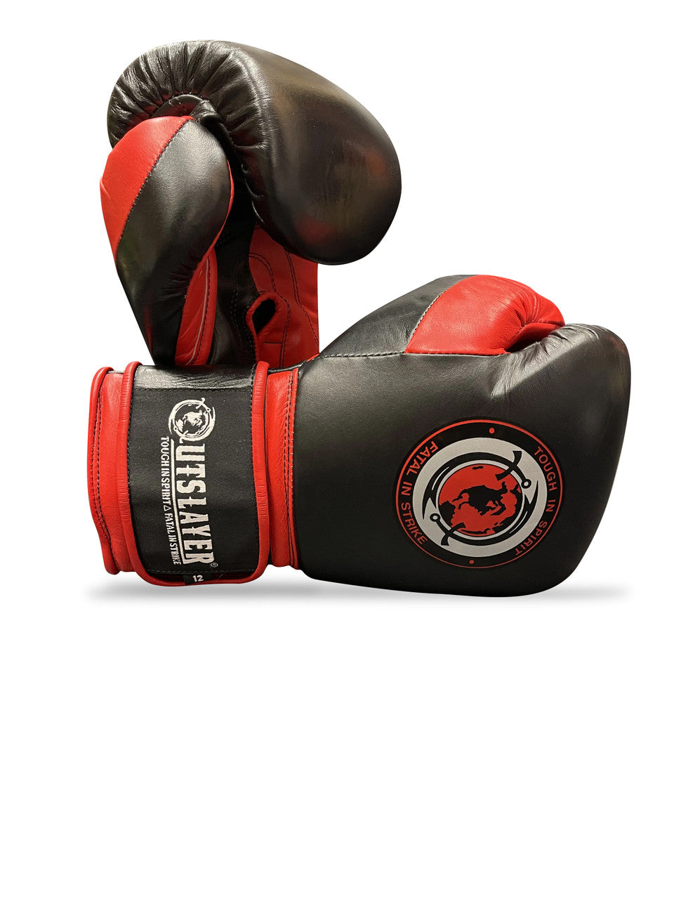 Black and red boxing gloves with a brand logo on a white background