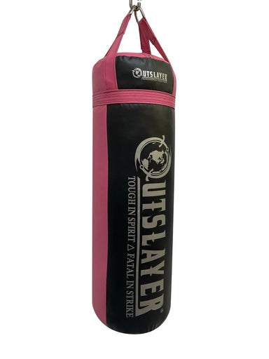 Black and pink punching bag with 'Outslayer' branding on a white background