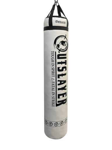 White punching bag with black text and logo on a white background