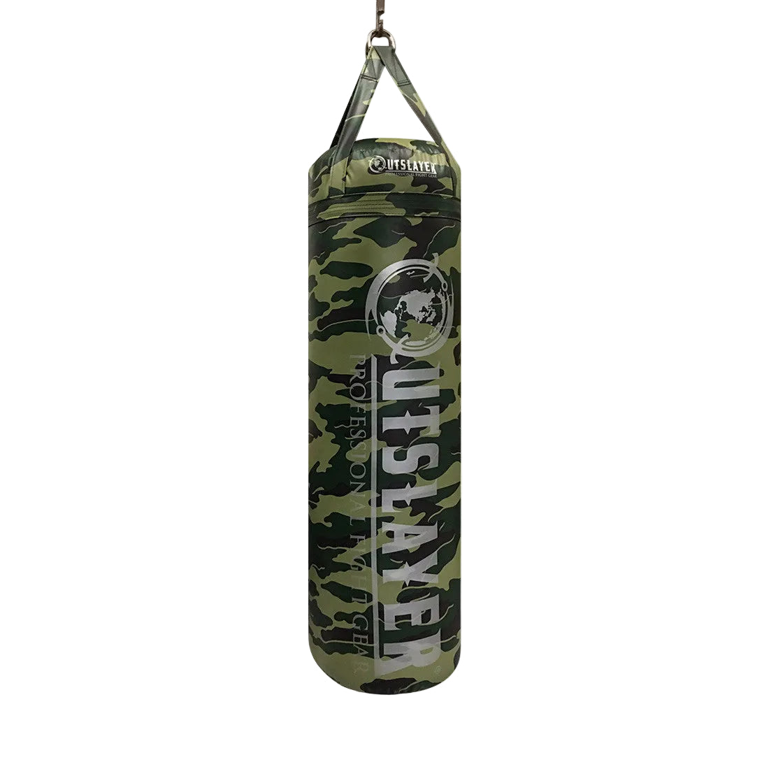 Camouflage-patterned punching bag with 'Outsayer' branding on a white background