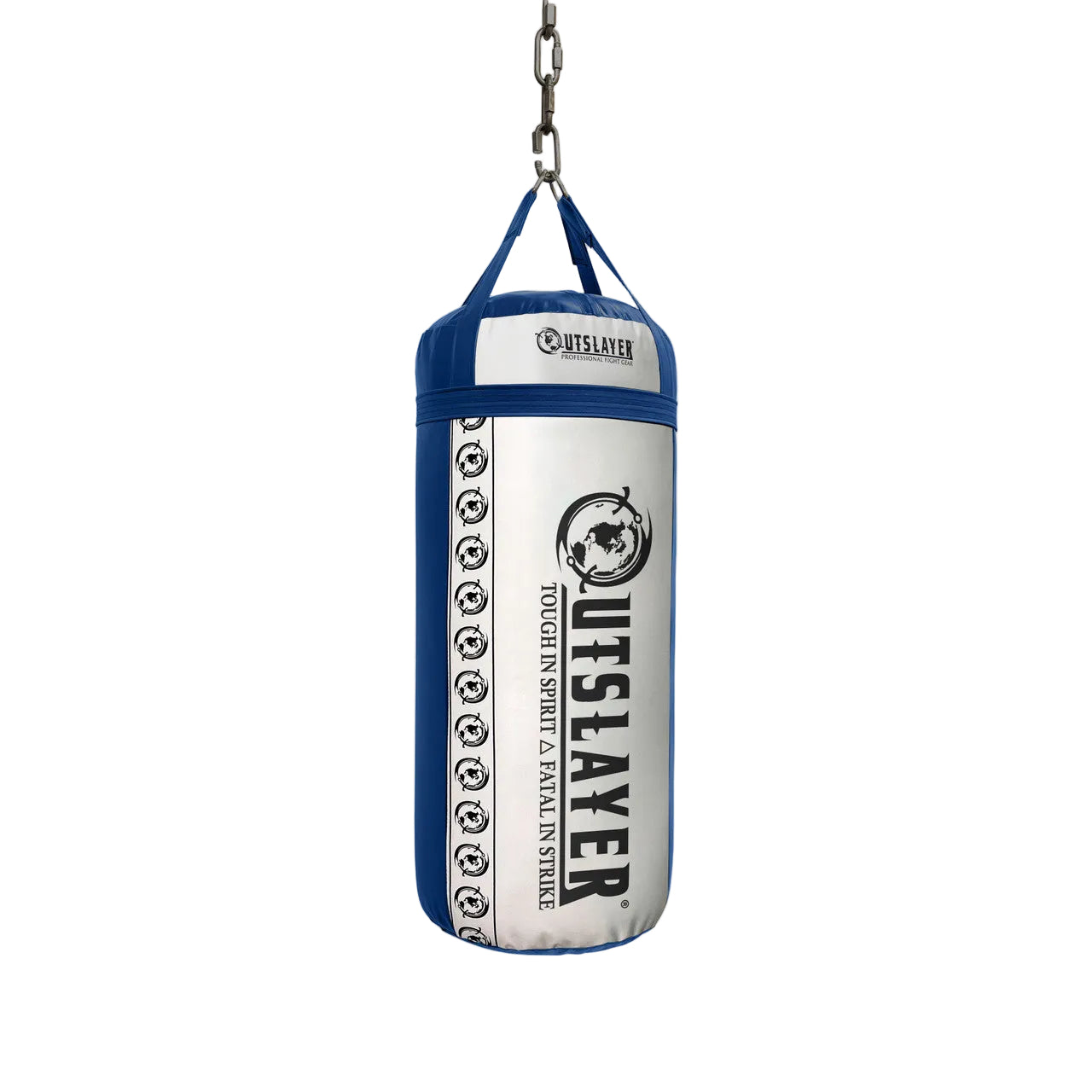 White and blue punching bag with 'Outslayer' branding on a white background