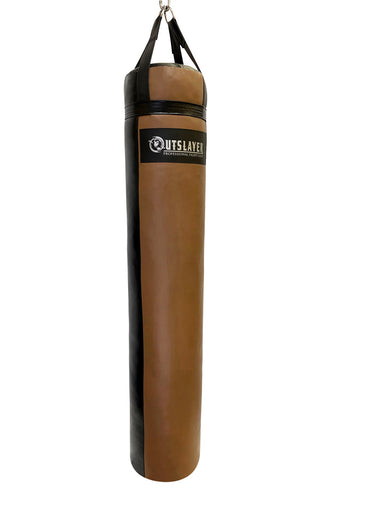 Brown and black punching bag with 'Outslayer' branding on a white background