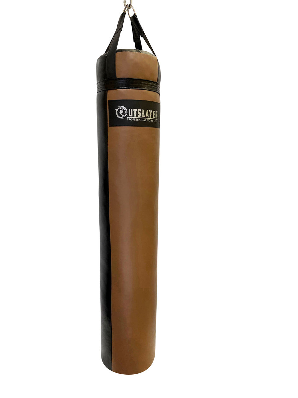 Brown and black punching bag with 'Outslayer' branding on a white background
