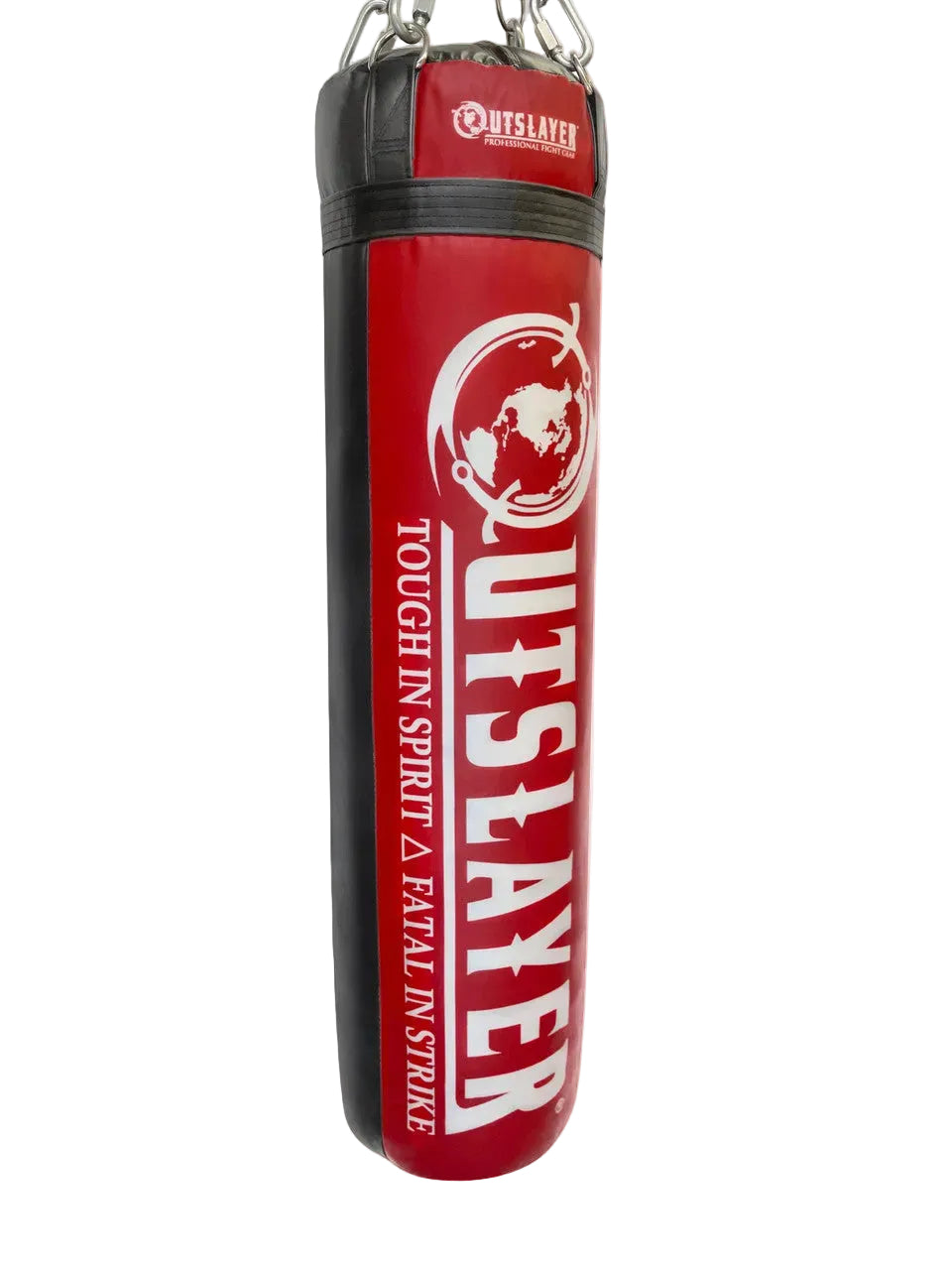 Red and black punching bag with 'Outslinger' branding on a white background