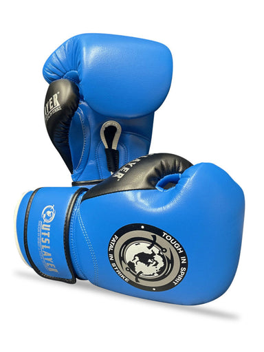 Blue boxing gloves with a brand logo on a white background