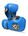 Blue boxing gloves with a brand logo on a white background