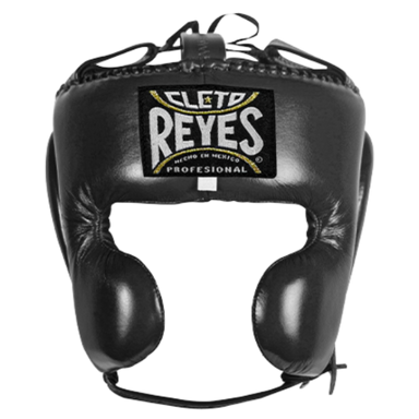 Black boxing headgear with Cleto Reyes logo on a white background
