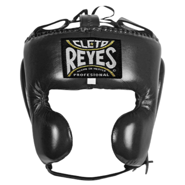 Black boxing headgear with Cleto Reyes logo on a white background