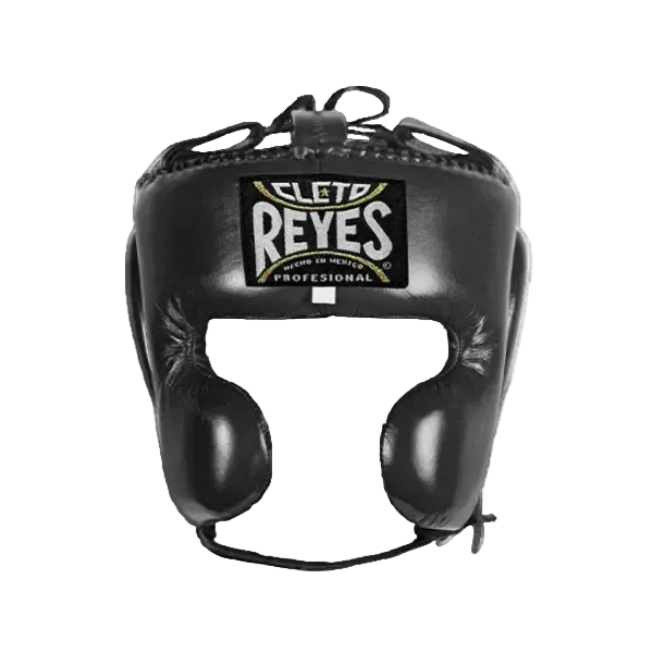 Black boxing headgear with 'Cleto Reyes' logo on a white background