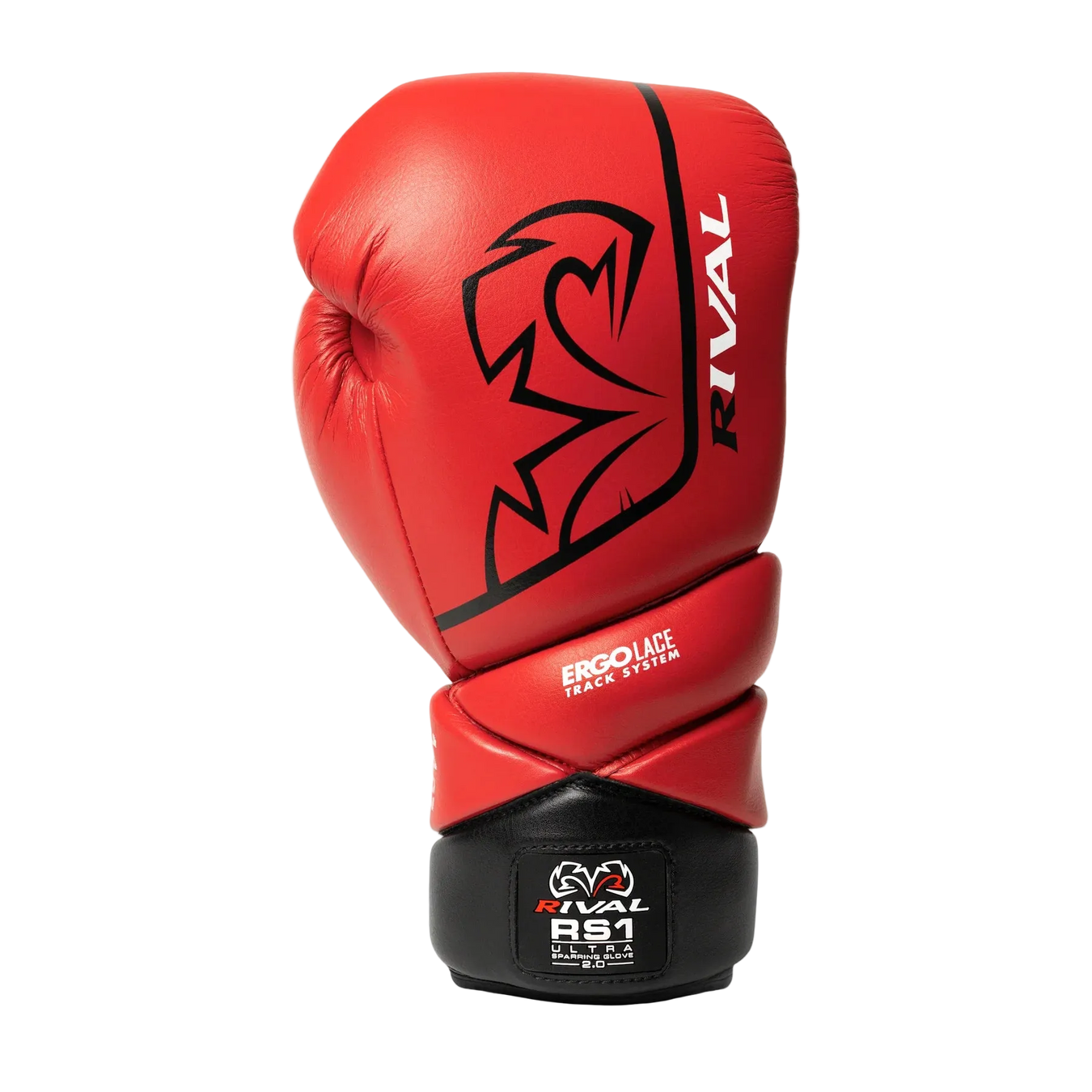 Red boxing glove with black accents on a white background