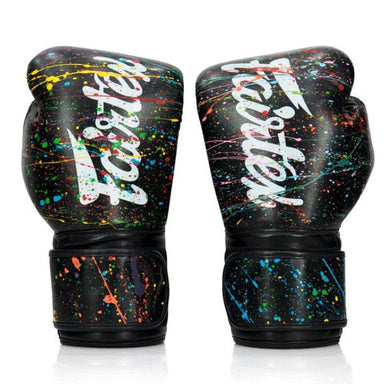 Pair of black boxing gloves with colorful splatter design and 'Leather' branding on a white background