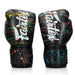 Pair of black boxing gloves with colorful splatter design and 'Leather' branding on a white background