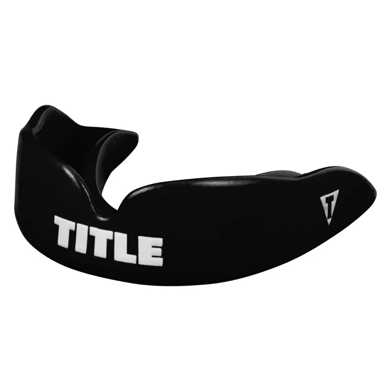 Black mouthguard with 'Title' branding on a white background