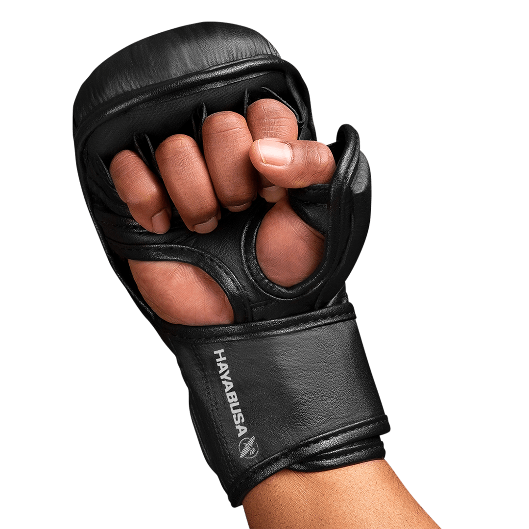 Black leather glove with 'Hayabusa' branding on a black background