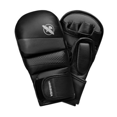 Black martial arts gloves with visible branding on a clear background