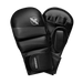 Black martial arts gloves with visible branding on a clear background