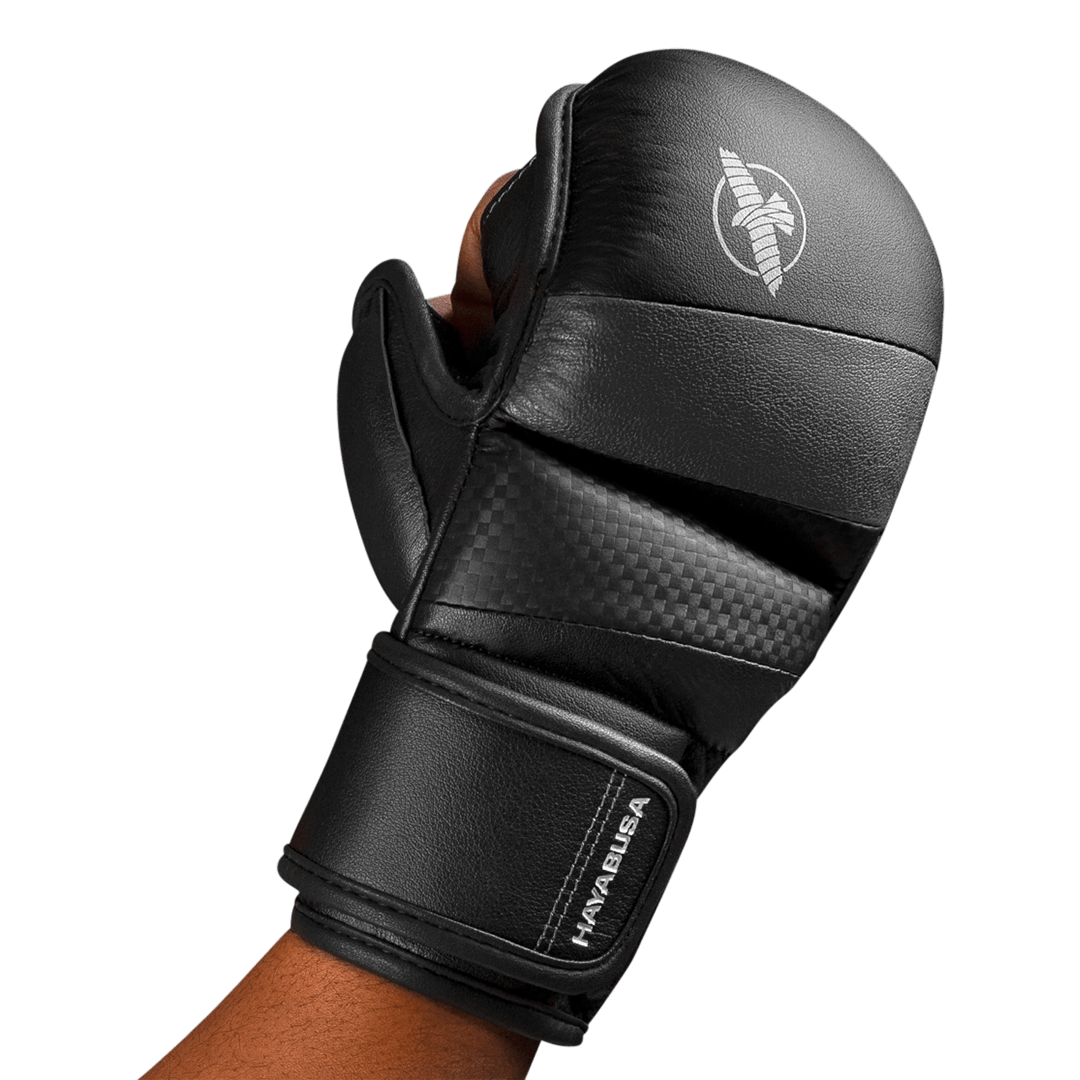 Black boxing glove with brand logo on a black background