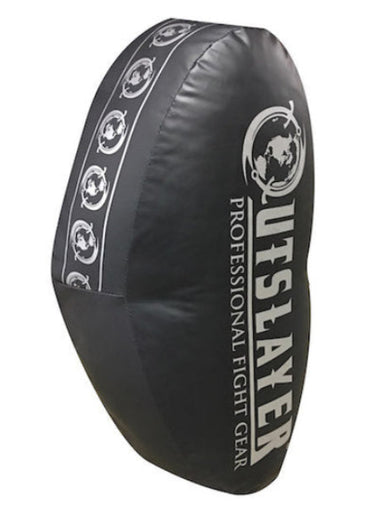 A black weighted kicking shield with the text 'OUTSLYER PROFESSIONAL FIGHT GEAR' printed on it.