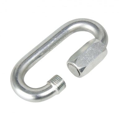 A silver steel quick link with a round link end and a swivel end, typically used for punching bag hangers and anchors.