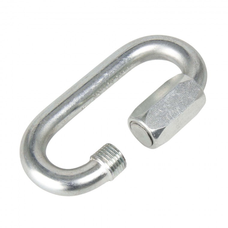 A silver steel quick link with a round link end and a swivel end, typically used for punching bag hangers and anchors.